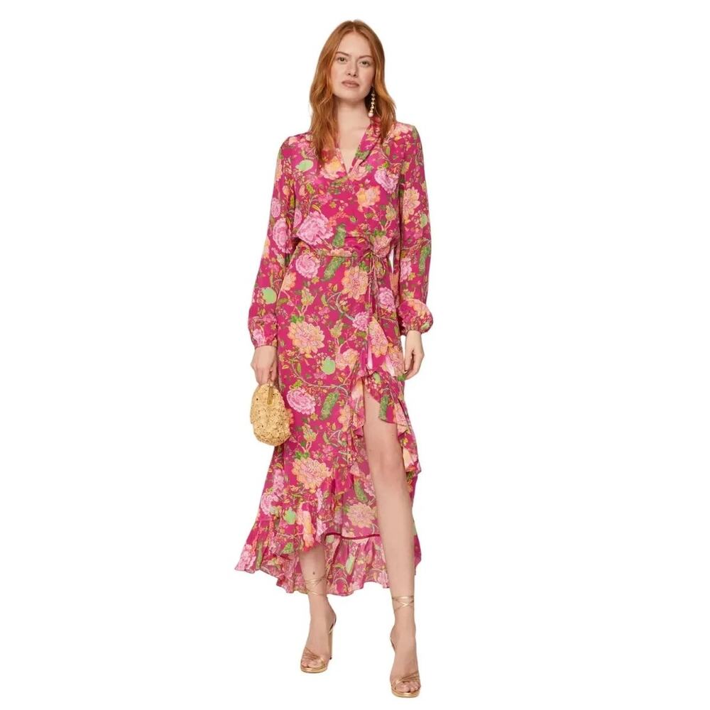ROCOCO SAND Chloe Pink Floral Long Sleeves Wrap Maxi Dress Size Small